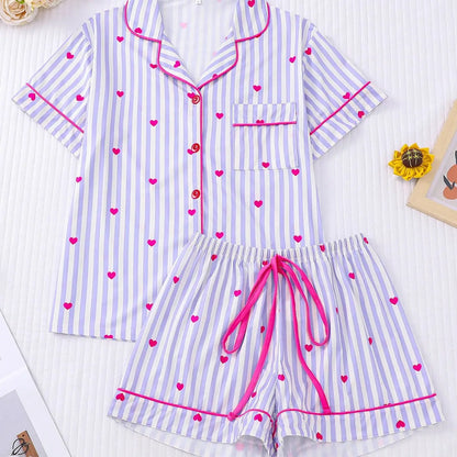 Pyjama Femme Boutonné - Haut Manches Courtes et Short à rayures imprimé 🩷