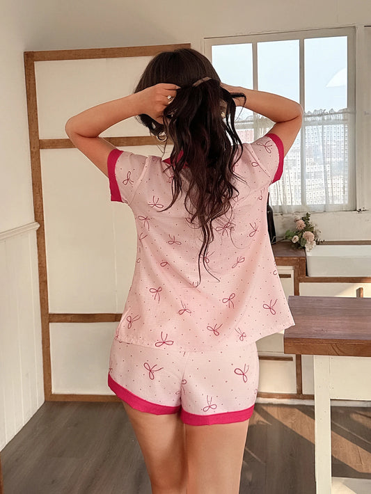 Ensemble Pyjama Femme 2 Pièces – Top Lapel à Pois & Short Nœud 🎀