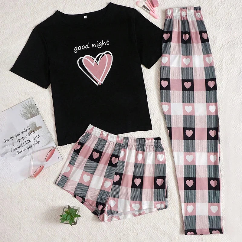 Ensemble Homewear Femme 3 Pièces – T-Shirt, Short & Pantalon imprimé variés 🌸