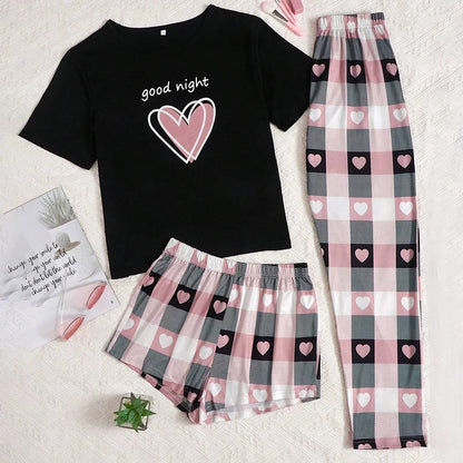 Ensemble Homewear Femme 3 Pièces – T-Shirt, Short & Pantalon imprimé variés 🌸