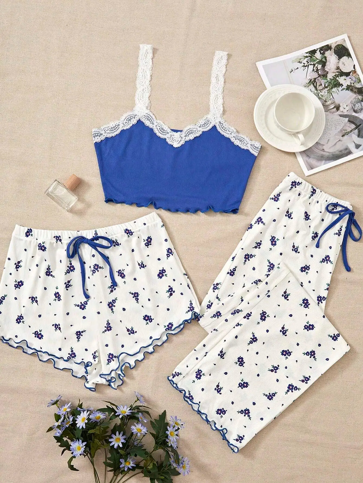 Pajama Set - Lace Camisole Top, Shorts and Pants 💐