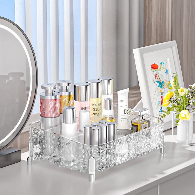 Organizador de maquillaje transparente estilo glaciar: con patas y compartimentos