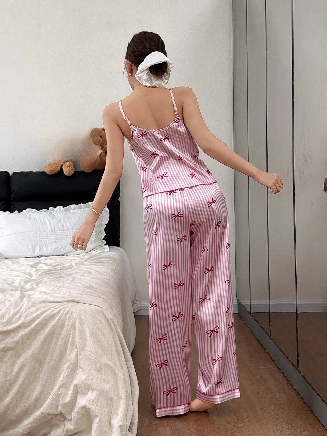 Pyjama Femme Satin – Caraco & Pantalon Rayé imprimé 🎀