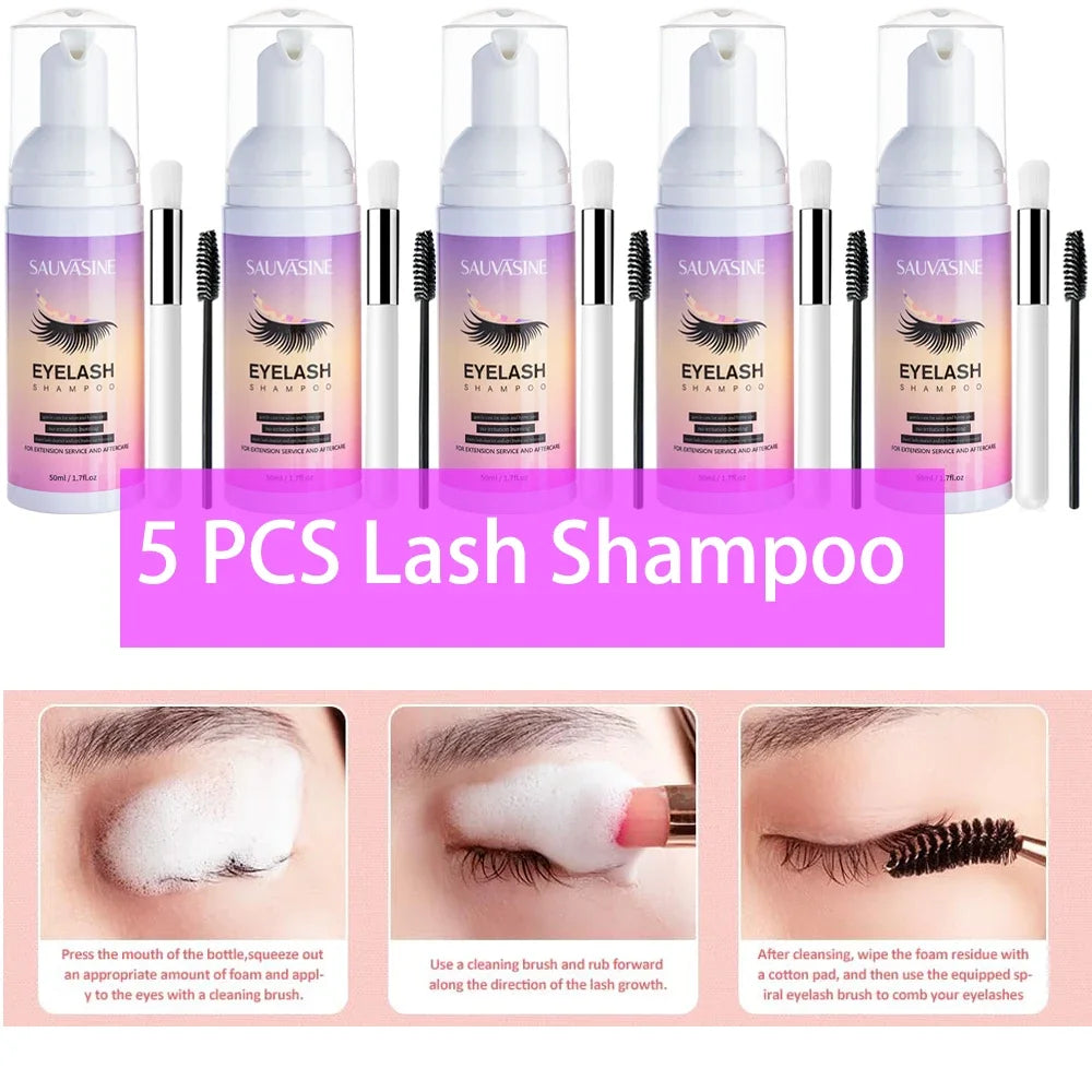 Kit de champú en espuma para extensiones de pestañas (5/10 unidades de 50 ml + cepillo de limpieza)