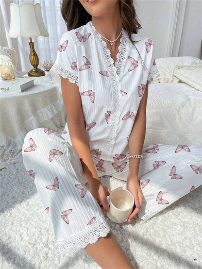 Pyjama - Haut à manches courtes et pantalon assorti avec dentelle 🌷