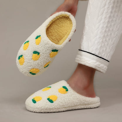 Pantoufles Femme Citron Brodé – Chaussons en Peluche 🍋