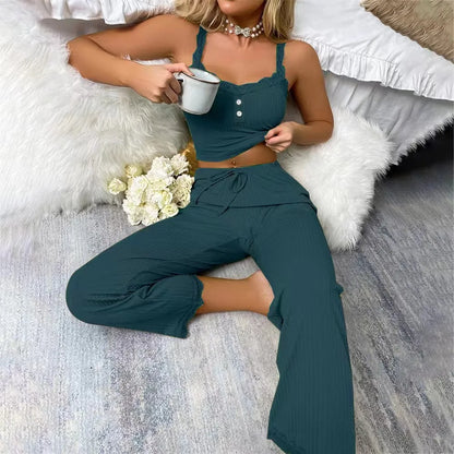 Pyjama Femme avec dentelle – Hauts Bretelles & Pantalon Uni