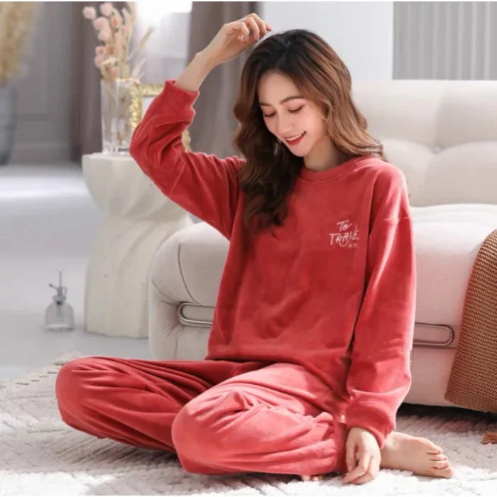 Pyjama Femme Flanelle - Haut Manches Longues et Pantalon Uni