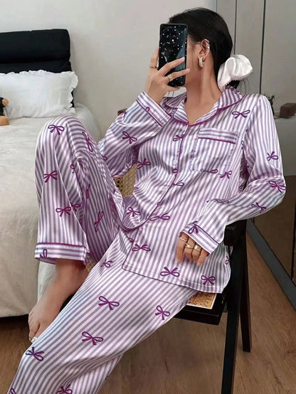 Ensemble Pyjama Femme Satin Rayé – Manches Longues, Motif 🎀