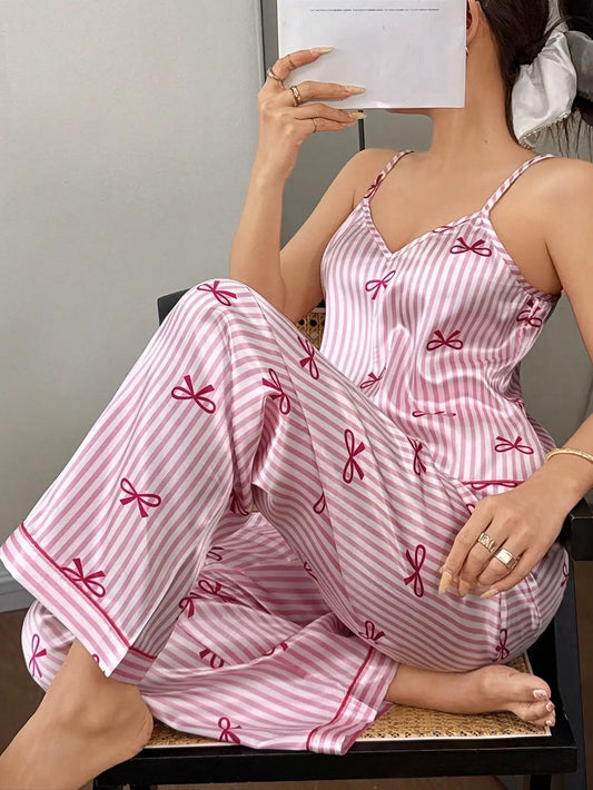 Ensemble Pyjama Femme 2 Pièces – Caraco & Pantalon Rayé avec Nœud 🎀