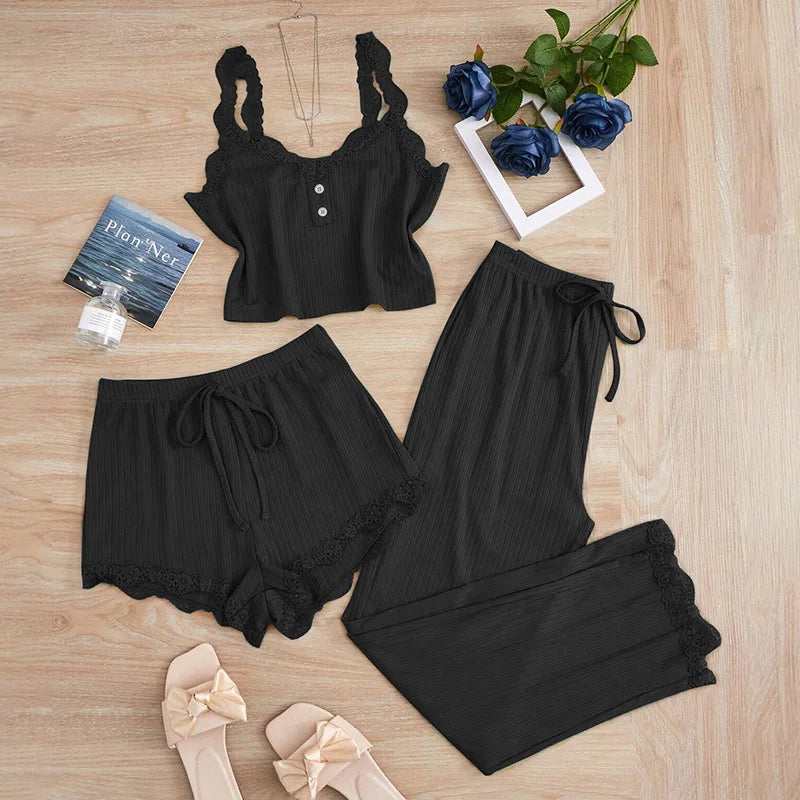 Ensemble Homewear Femme Dentelle – Débardeur Court , Short et Pantalon Uni