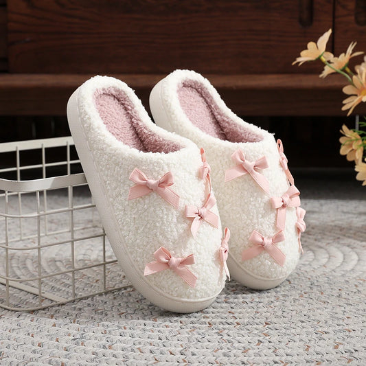 Chaussons femme automne/hiver – Douillets en peluche avec nœud rose 🎀