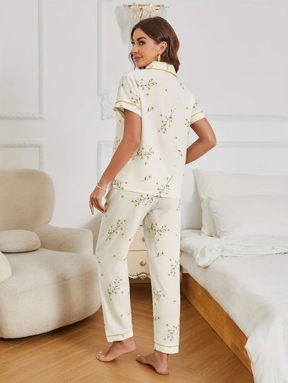 Pyjama Femme Boutonné – Haut manches courtes et pantalon imprimé 🌼