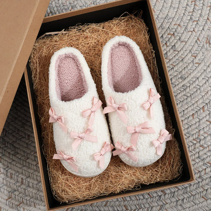 Chaussons femme automne/hiver – Douillets en peluche avec nœud rose 🎀