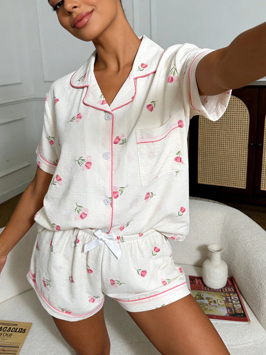 Pyjama Femme Butonné - Haut Manches Courtes et Short motif 🌷