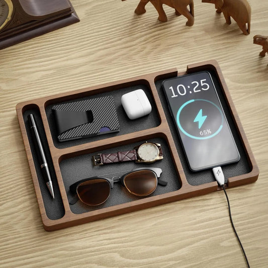 Caja de madera para escritorio: compartimentos resistentes para teléfono, gafas y accesorios