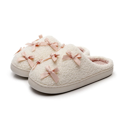 Chaussons femme automne/hiver – Douillets en peluche avec nœud rose 🎀