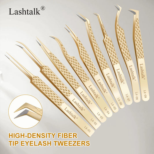 Pinzas de precisión Lashtalk Gold: punta de fibra ultrafina y agarre antideslizante
