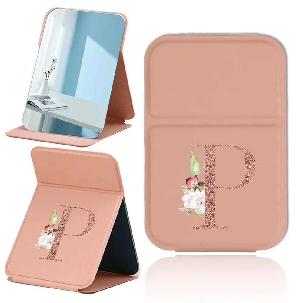 Espejo de maquillaje plegable portátil - Cuero sintético antideslizante en oro rosa con estampado de letras