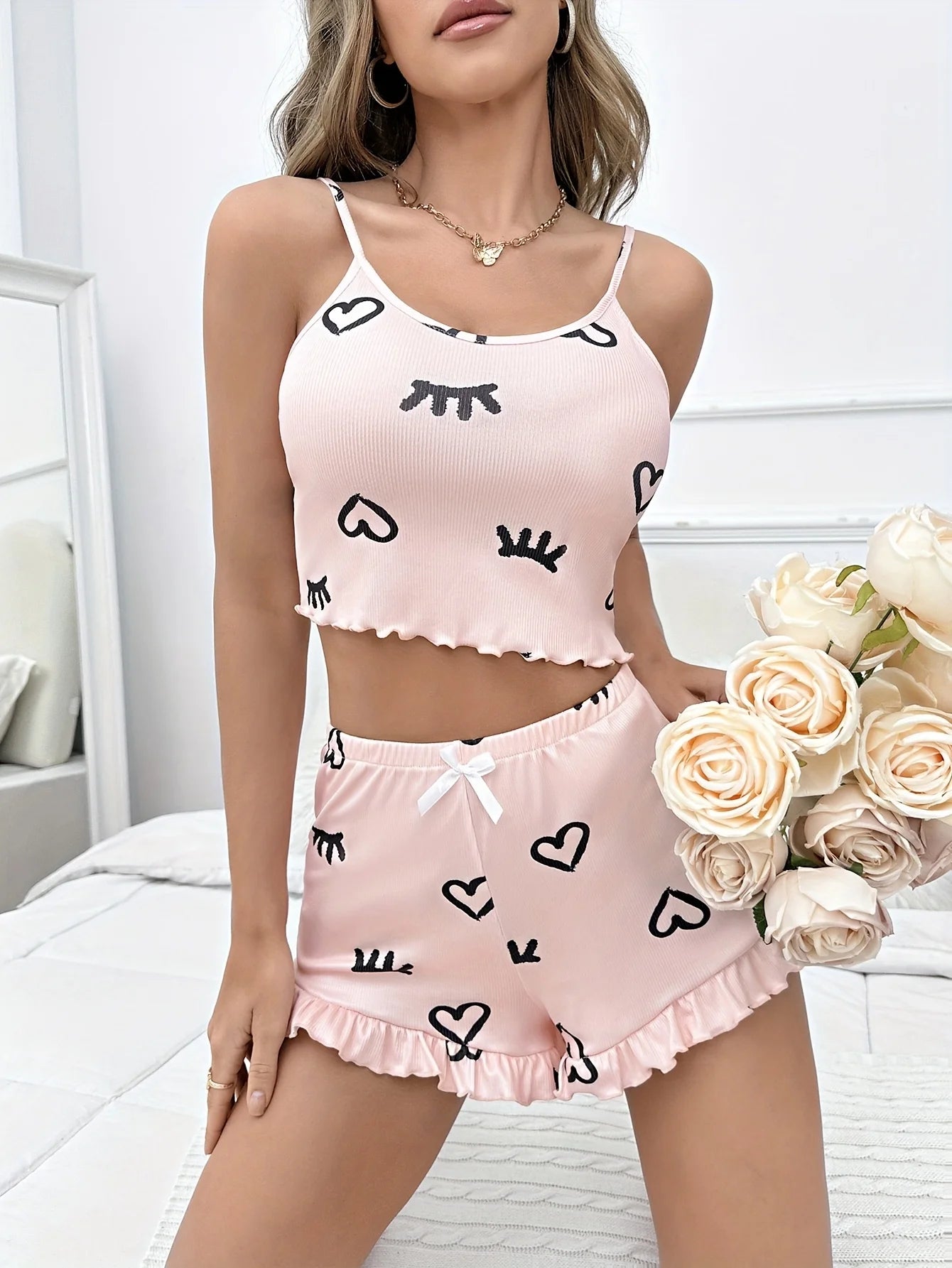 Pyjama Femme - Haut camisole et Short à volants imprimé 🖤