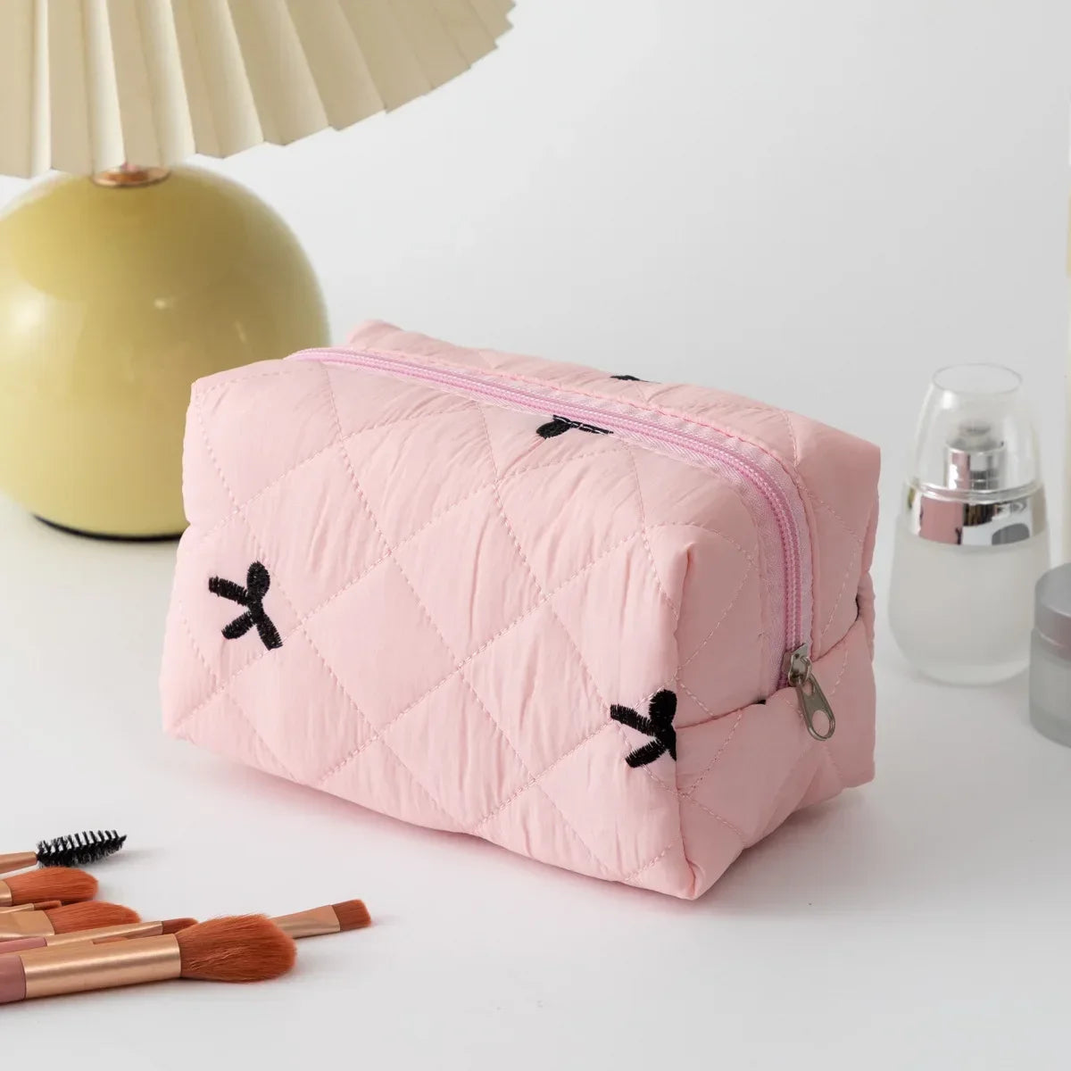 Trousse Maquillage Femme Nœud Brodé – Grande Capacité en Coton🎀