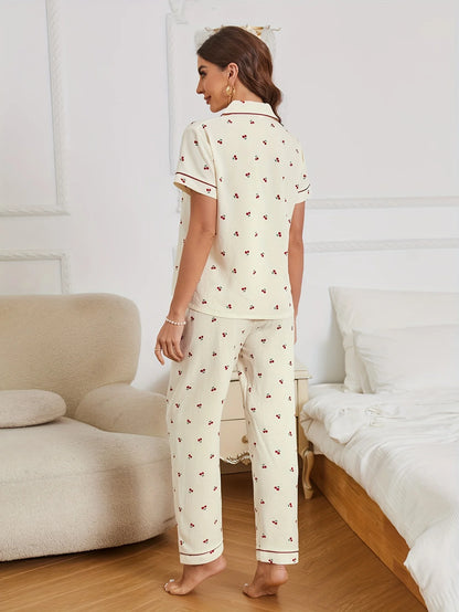 Pyjama Femme Boutonné – Haut Manches Courtes et Pantalon imprimé 🍒