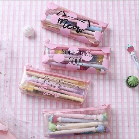 Estuche para lápices con diseño de gato rosa transparente, accesorio escolar para niñas