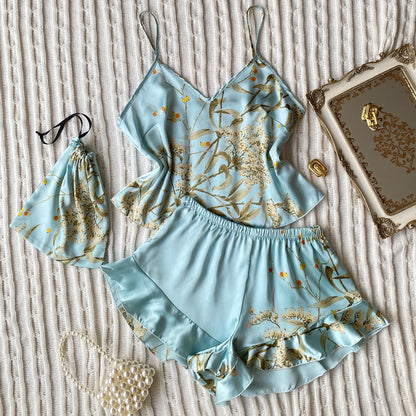 Pyjama Femme Satin – Haut Camisole et Short à Volants imprimé 🌸