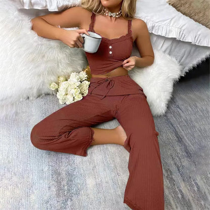 Pyjama Femme avec dentelle – Hauts Bretelles & Pantalon Uni