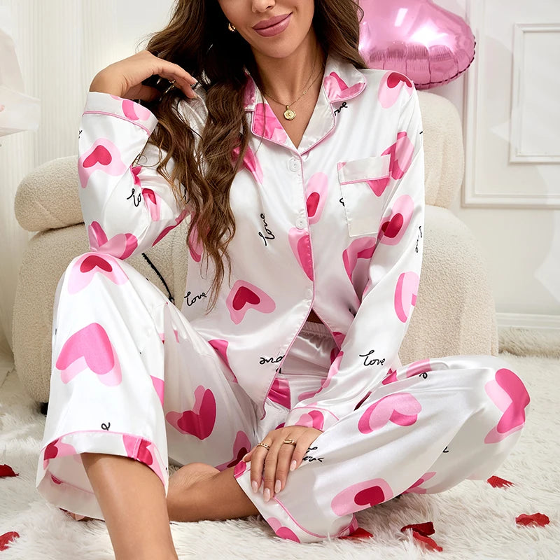 Pyjama Femme Boutonné Satin - Haut Manches Longues et Pantalons imprimé variés