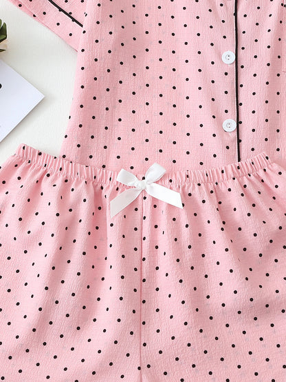 Pyjama Femme Boutonné- Haut Manches Courtes et Short imprimé Pois Noir