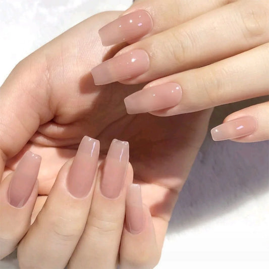 💅 Set de 24 uñas postizas largas color nude – Forma ataúd almendra, estilo francés, tonos rosa, gris y marrón