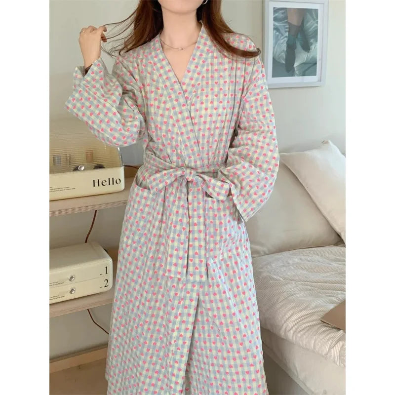 Women's checkered kimono dressing gown – Long set with trousers