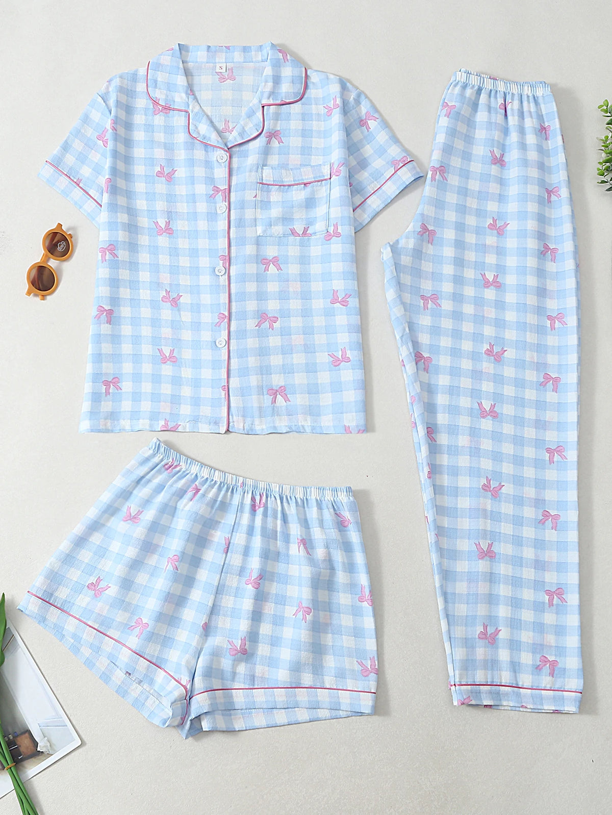 Conjunto de pijama - Camiseta de manga corta, pantalón corto y pantalón largo de cuadros 🎀