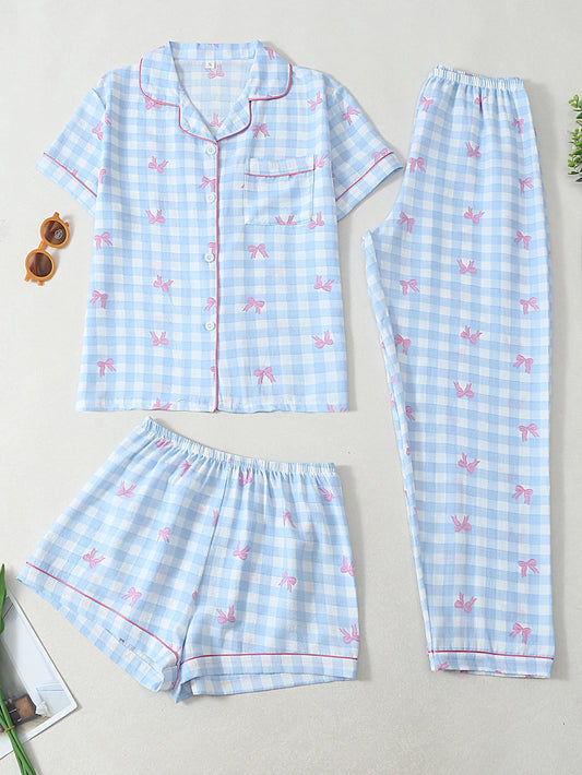 Ensemble de Pyjama - Haut à manches courtes, short et pantalon à carreaux 🎀