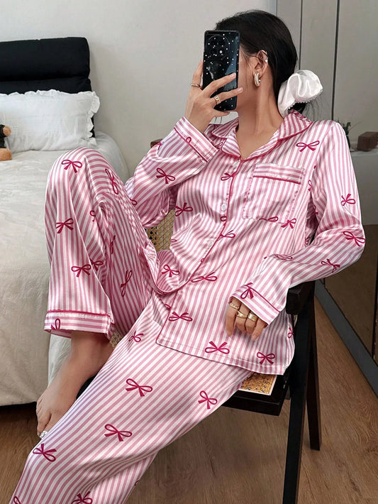 Ensemble Pyjama Femme Satin Rayé – Manches Longues, Motif 🎀