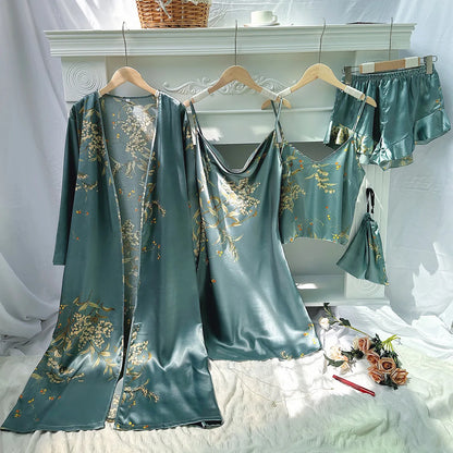 Ensemble Homewear Femme Satin – Camisole ,Short ,Nuisette ,Robe de Chambre et Pochette imprimé 💐