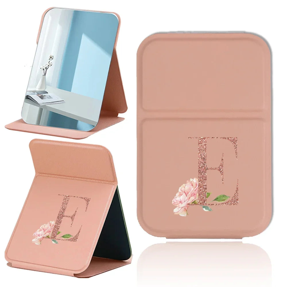 Espejo de maquillaje plegable portátil - Cuero sintético antideslizante en oro rosa con estampado de letras