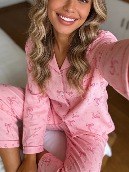 Pyjama Femme Boutonné - Haut manches longues et pantalon motif 🎀
