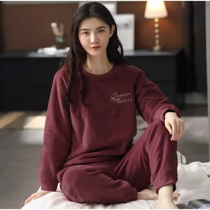 Pyjama Femme Flanelle - Haut Manches Longues et Pantalon Uni