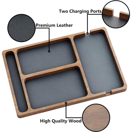 Caja de madera para escritorio: compartimentos resistentes para teléfono, gafas y accesorios