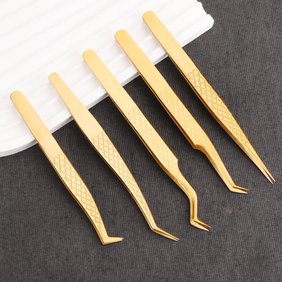 Pinzas para pestañas doradas de alta precisión: acero inoxidable para extensiones y volumen