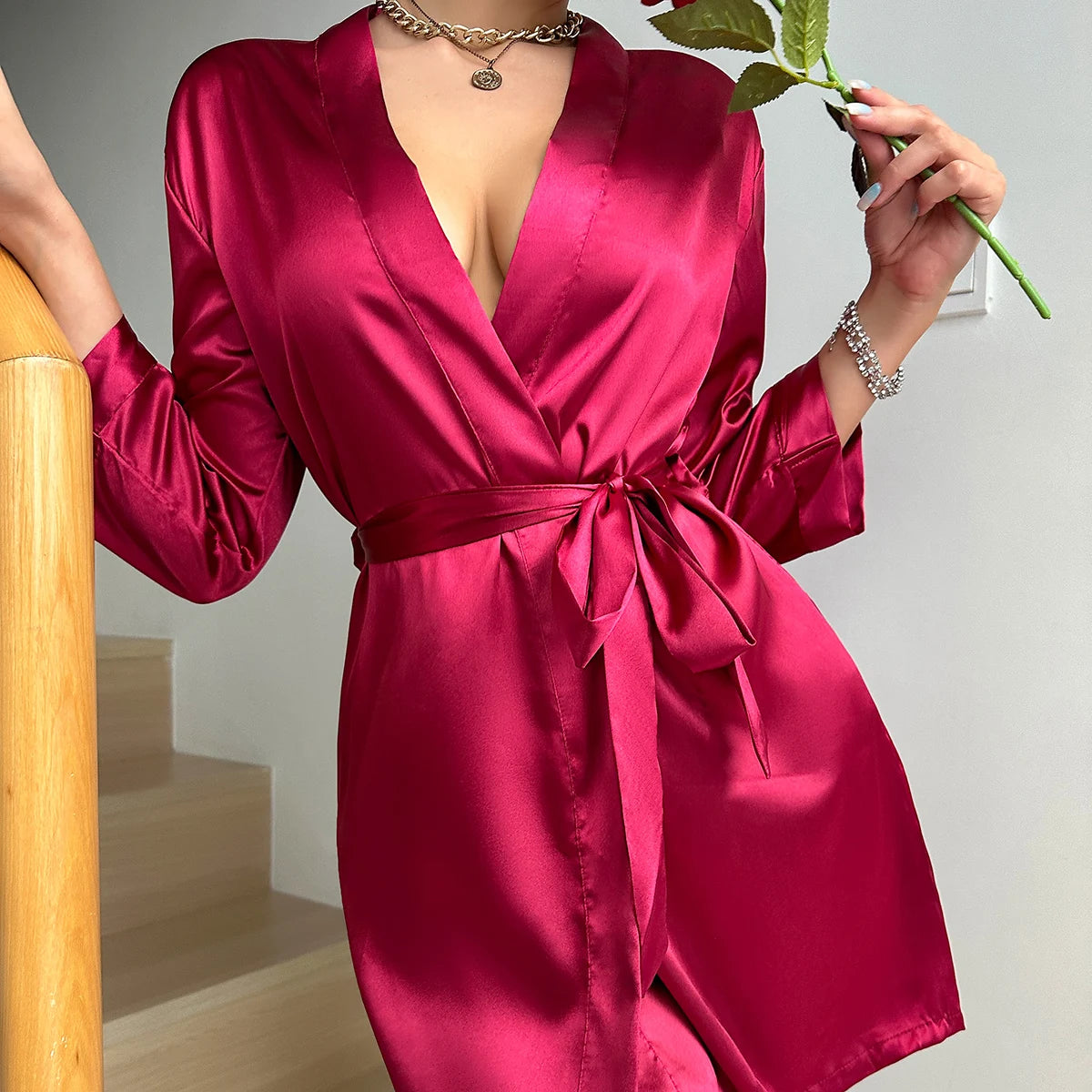 Robe de Chambre Femme Satin Ice Silk – courte à manches semi court Uni🌹