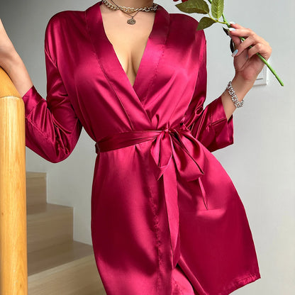 Robe de Chambre Femme Satin Ice Silk – courte à manches semi court Uni🌹