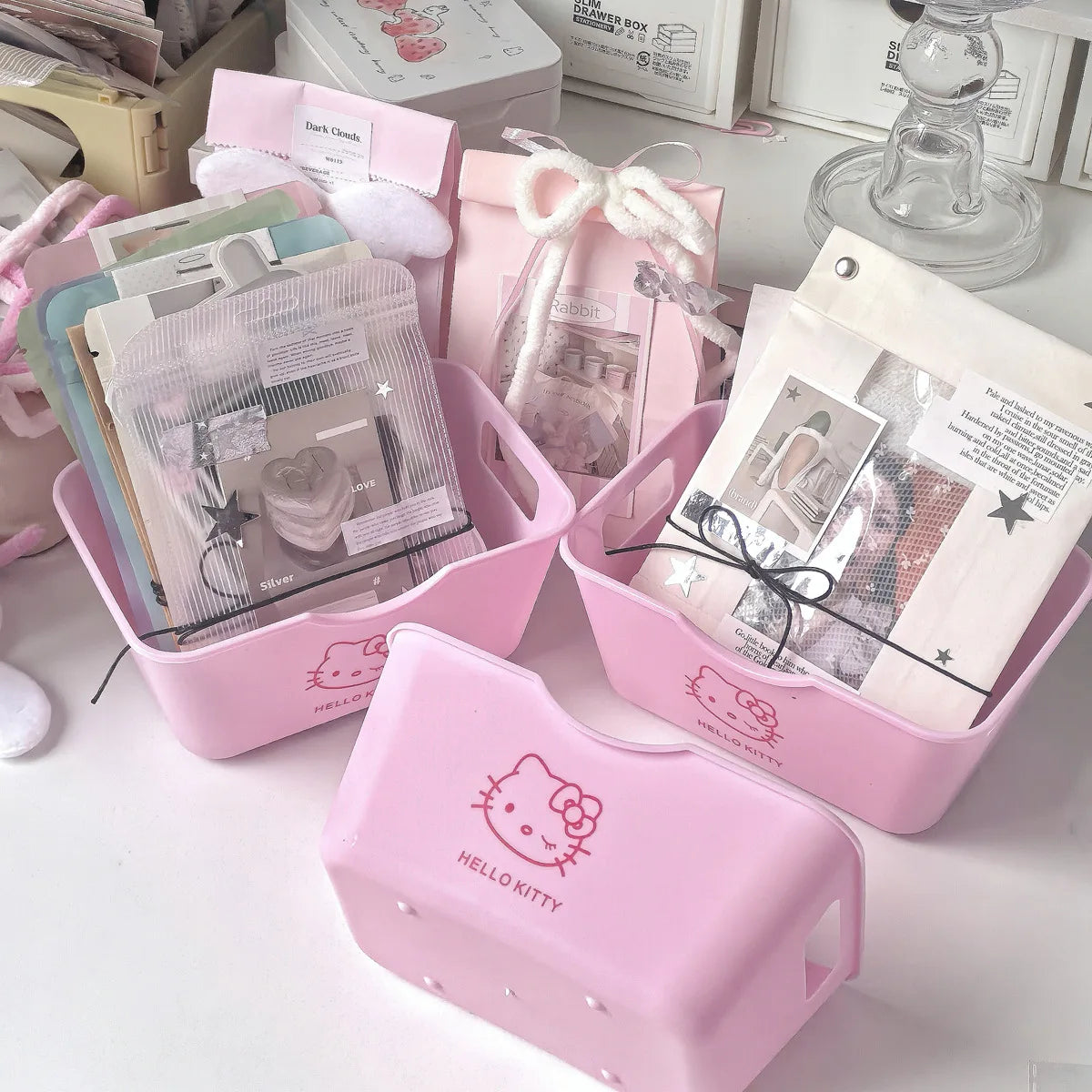 🎀🐱 Lot de 5 Paniers de Rangement Hello Kitty – Organiseur Cosmétiques Sans Couvercle