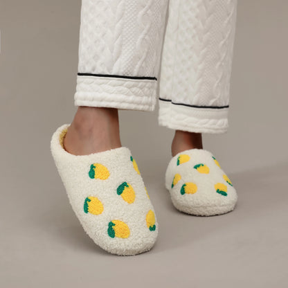 Pantoufles Femme Citron Brodé – Chaussons en Peluche 🍋