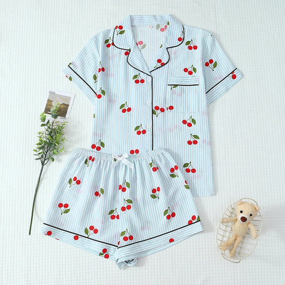 Pyjama Femme Boutonné – Haut Manches Courtes et Short à rayures imprimé 🍒