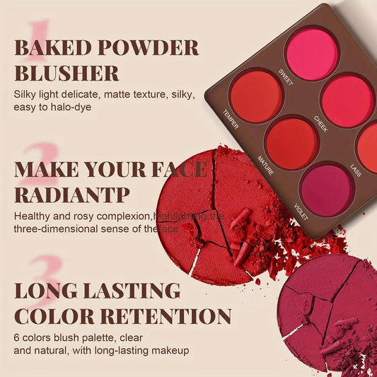 Palette blush matte 6 couleurs – Waterproof, couvrance modulable, fini naturel