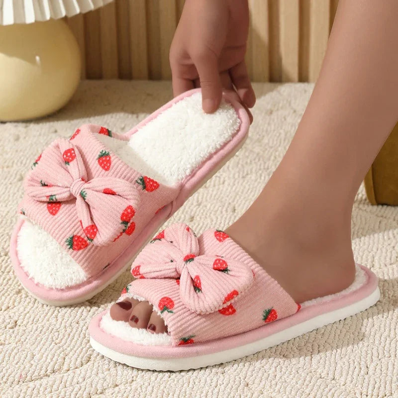 Women's Slippers - Bow, Corduroy and strawberry pattern cotton