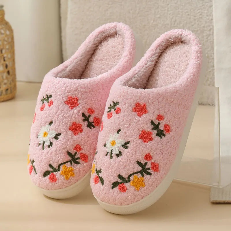 Pantoufles Femme - Fleur Brodée en Peluche 💐